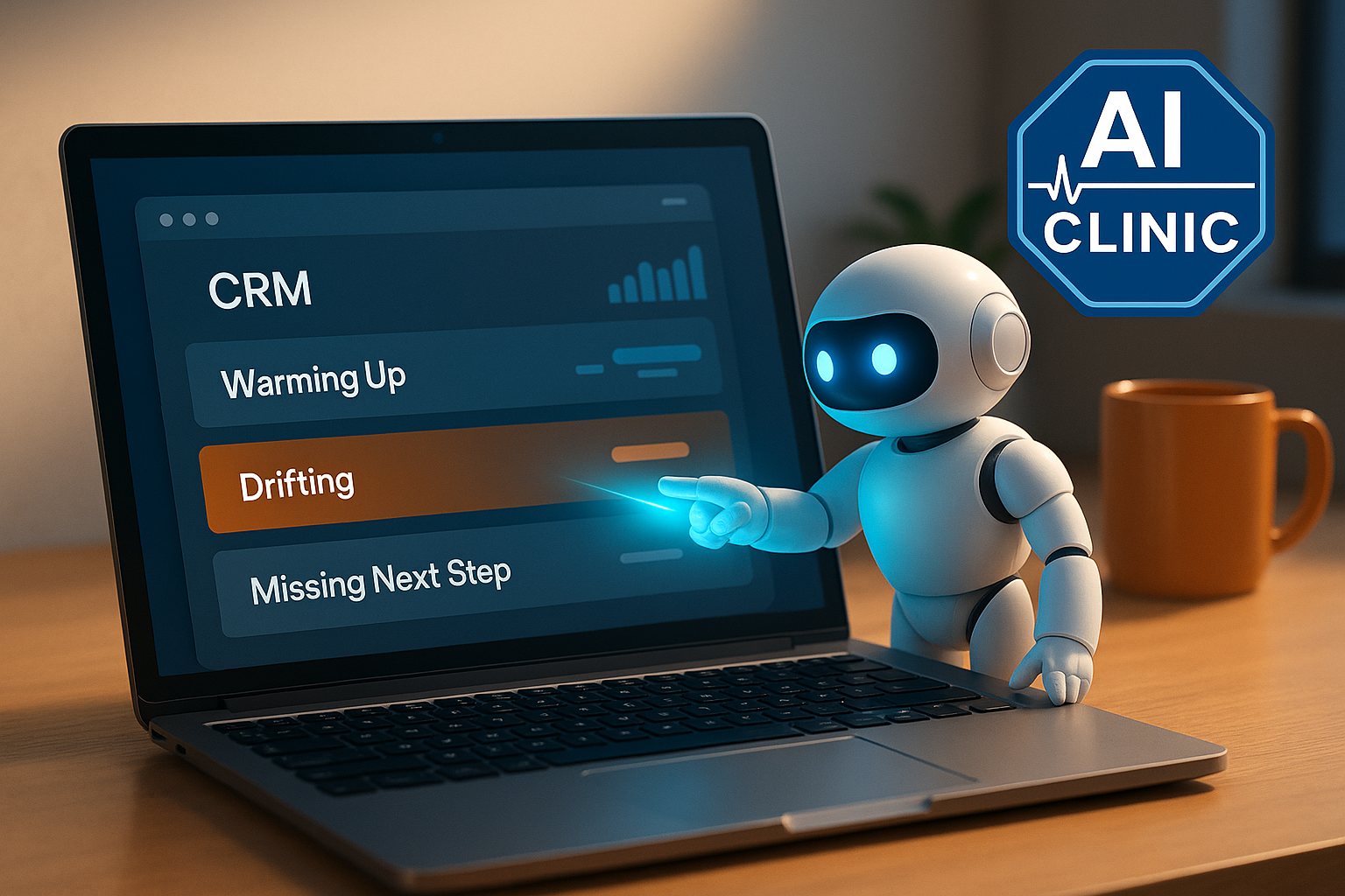 AI bot pointing at a CRM dashboard highlighting drifting deals, with AI Clinic badge in the top-right on a laptop screen.