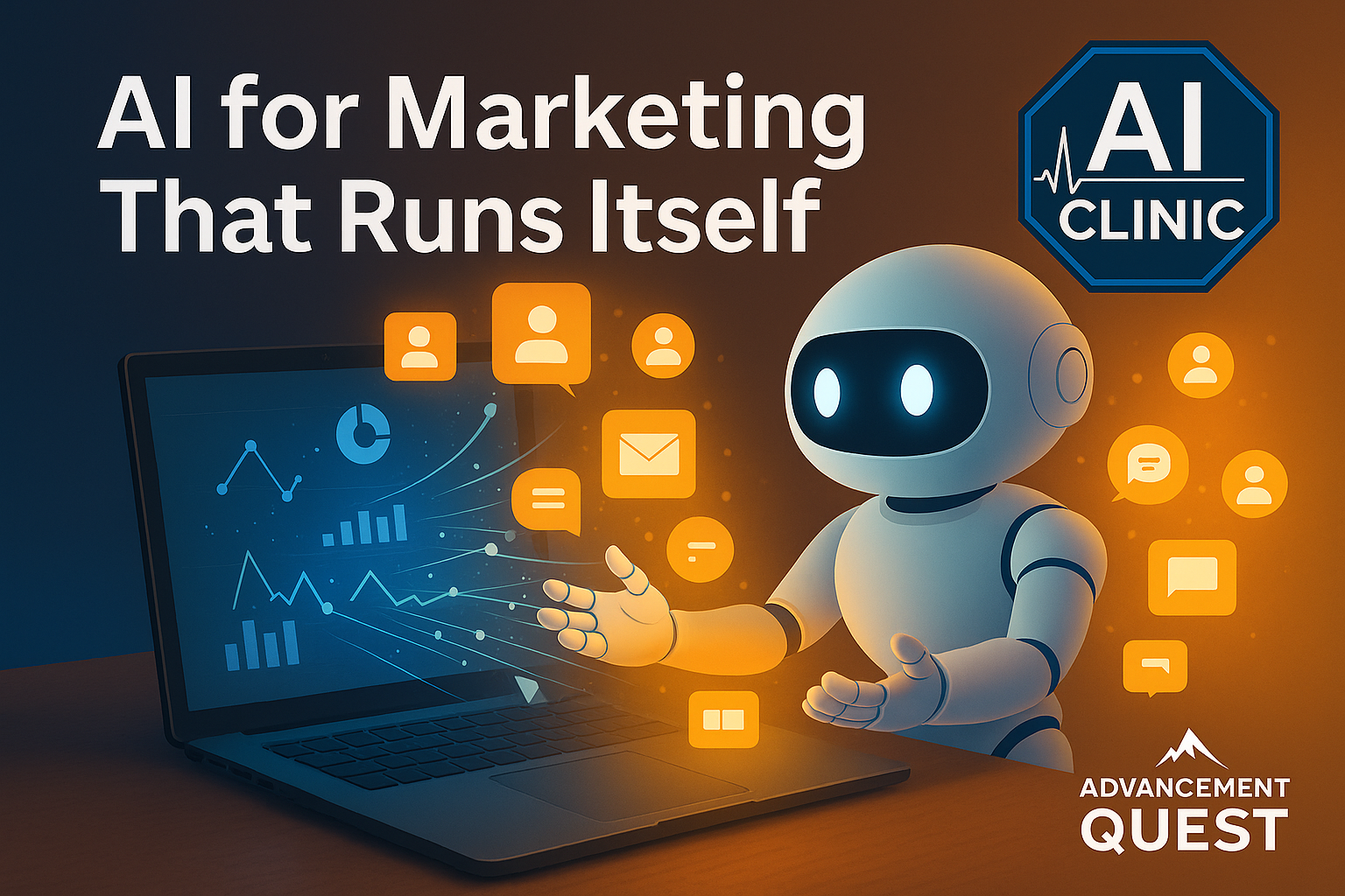 AI robot automating marketing tasks beside a laptop showing analytics, with glowing icons for messages, audience signals, and data flow; AI Clinic badge and Advancement Quest branding visible
