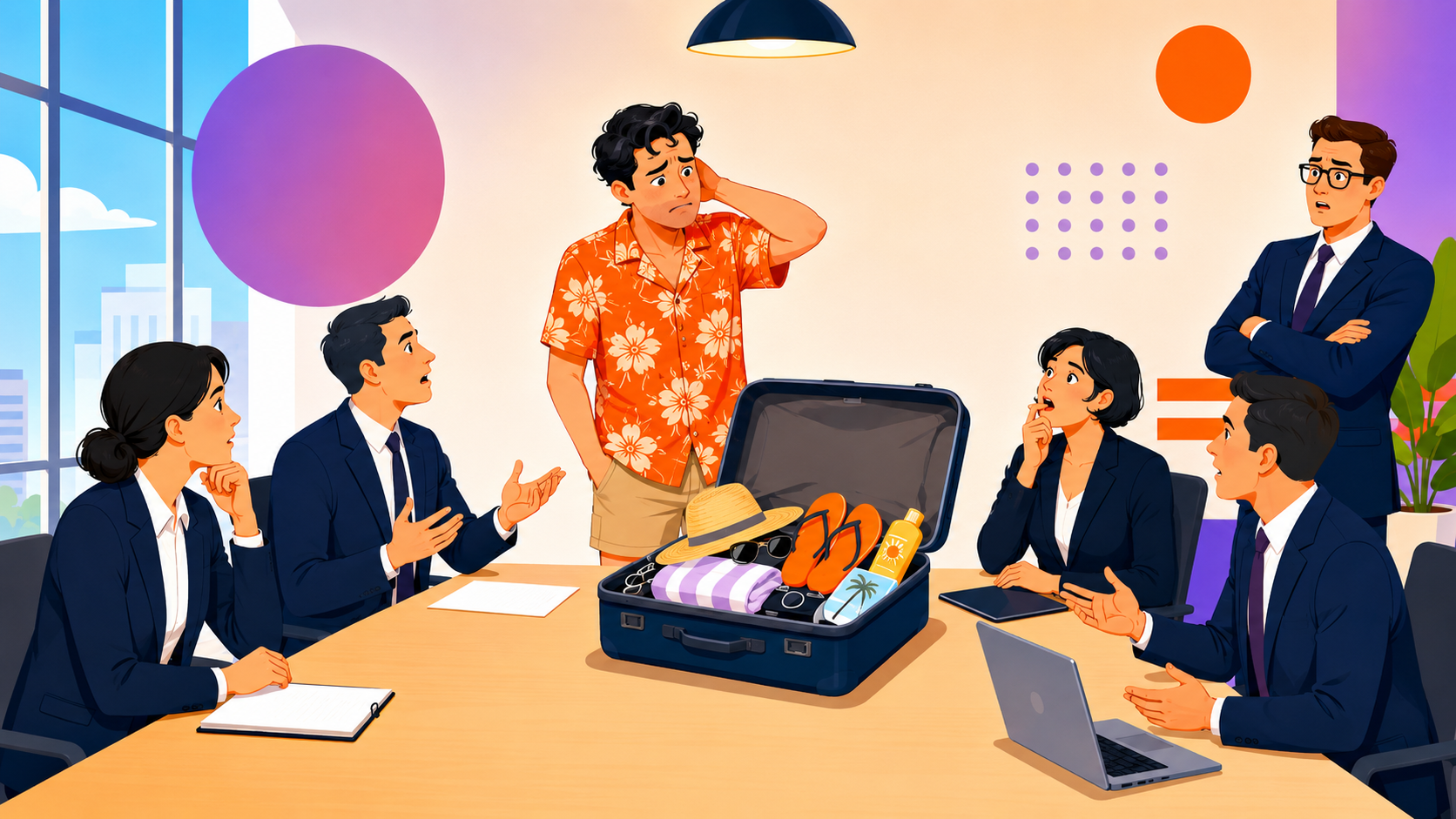 A founder stands unprepared in a boardroom beside an open suitcase filled with vacation gear instead of business materials, while colleagues react with concern, illustrating the risk of making a decision without first understanding what the decision is really about.