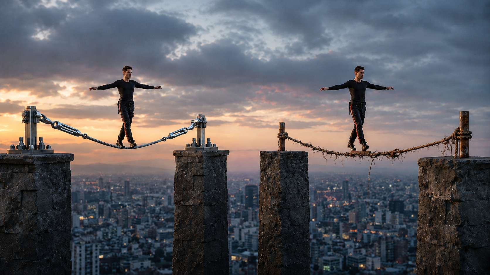 Two tightrope walkers performing identical poses high above a city skyline at dusk, one anchored to a professionally rigged rope with steel cables, the other balanced on a fraying rope tied off with a loose knot.
