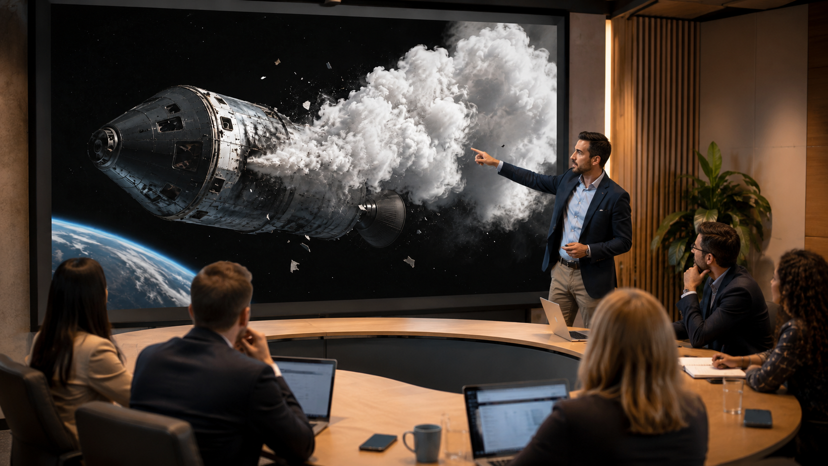 Founder presenting a projected image of a damaged spacecraft leaking gas in space to a team seated around a meeting table.