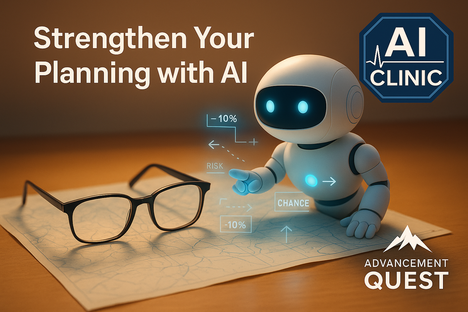 A cinematic desk scene showing a paper map with black-framed glasses placed on top, symbolising clarity in planning. A small white AI robot with a blue digital face points at glowing blue holographic icons representing scenarios and assumptions such as “-10%,” arrows, and planning boxes. The headline “Strengthen Your Planning with AI” appears in bold white text. The octagonal AI Clinic badge is displayed in the top-right corner, and the Advancement Quest logo is placed in the bottom-right. The image represents how AI helps SMEs improve planning clarity, update assumptions, and make better decisions.