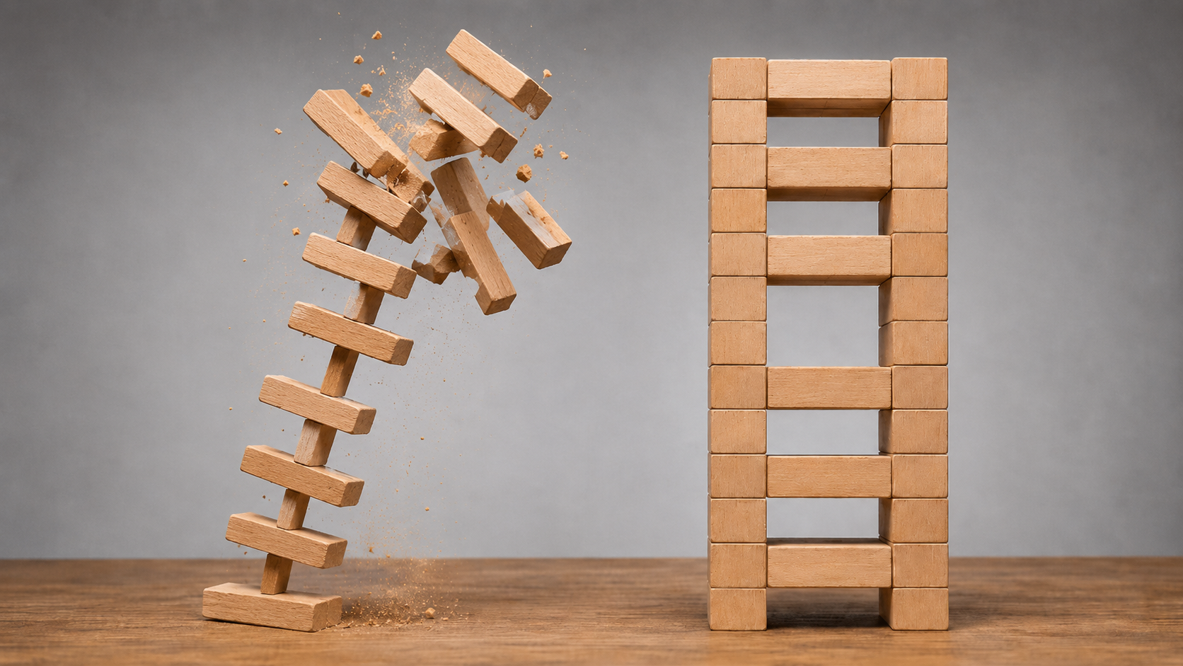 Split image of two Jenga towers: one collapsing after a single load-bearing block was removed, the other standing intact with several middle blocks pulled out, held up by two solid side