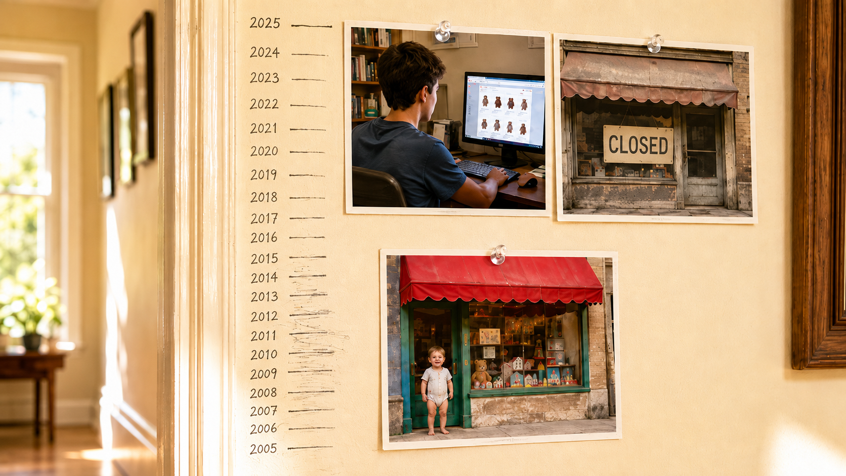 Close-up of a child's height growth chart on a wall, pencil marks rising over the years, with a photograph of a baby beside a bright new toy shopfront pinned at the lowest mark and a photograph of a teenager at a computer beside the same shopfront, now faded with a closed sign, pinned at the highest mark.