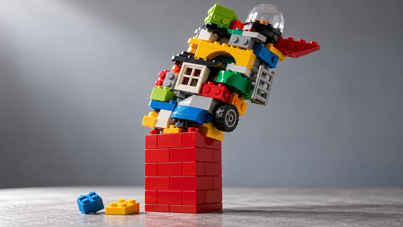 A tower of plastic toy bricks on a tabletop: the lower half is neat, straight red bricks, and the upper half is mismatched specialised pieces leaning precariously to one side, with a few loose pieces fallen at the base.