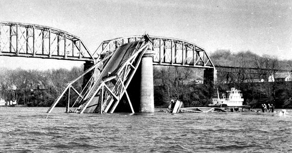 Collapsed Silver Bridge over the Ohio River, showing hidden structural failure becoming visible