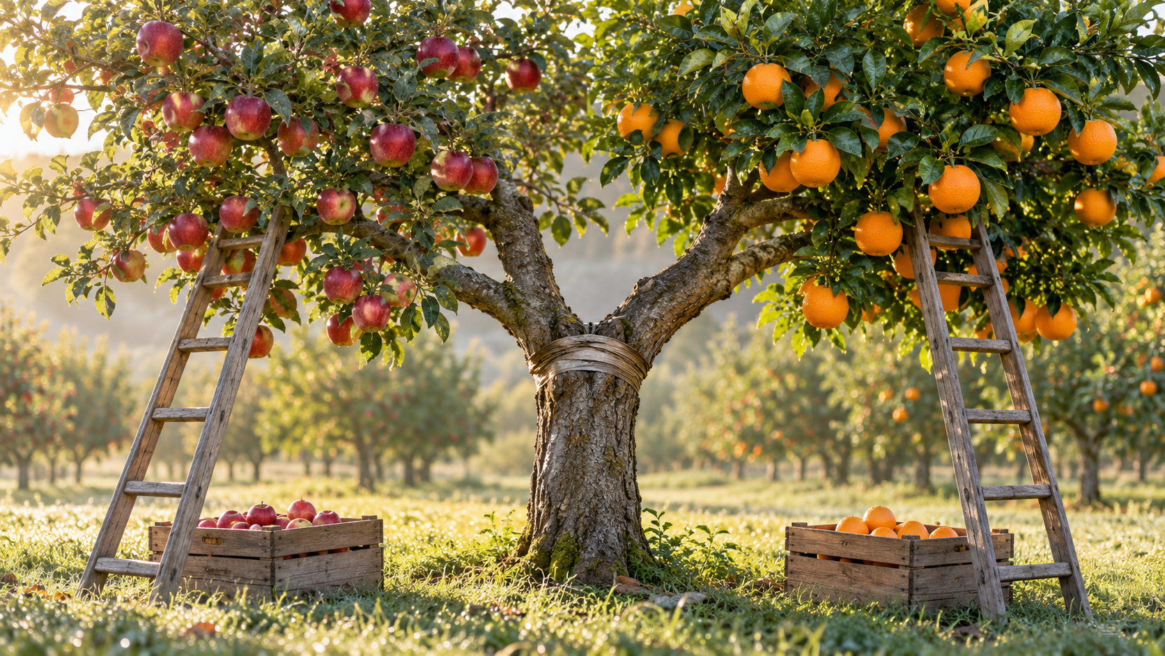 A single orchard tree with a visible graft scar bears red apples on one limb and oranges on the other, each side with its own harvest crate and ladder beneath it.
