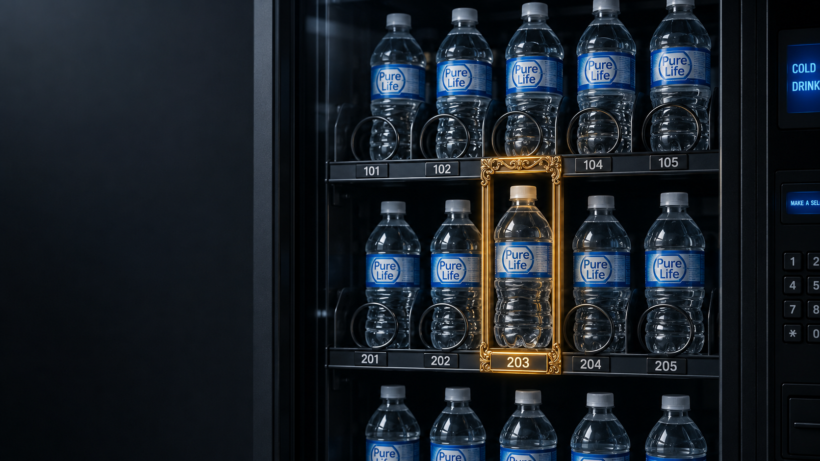 A vending machine with rows of identical products, one slot elaborately marked with a golden plaque as if premium, though the product inside is exactly the same as the others