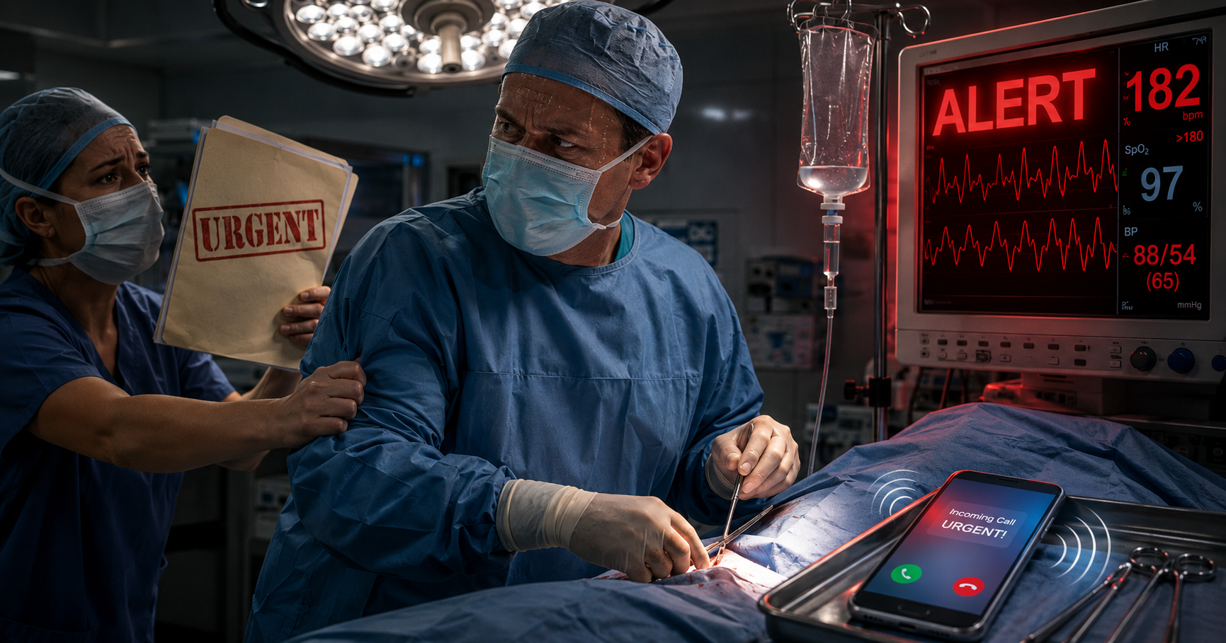 A surgeon pauses mid-operation as five simultaneous pressure signals close in: a phone blazing on the instrument tray, an IV bag nearly empty, a patient monitor flashing red, a nurse gripping their sleeve while holding an URGENT folder, and sweat visible on their brow under the theatre lights.